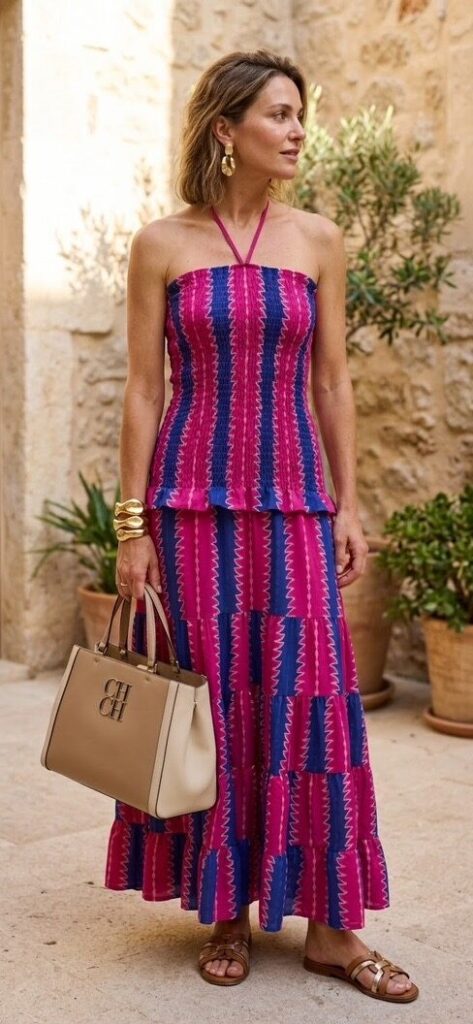 Vestido Largo Fucsia y Azul Nido de Abeja