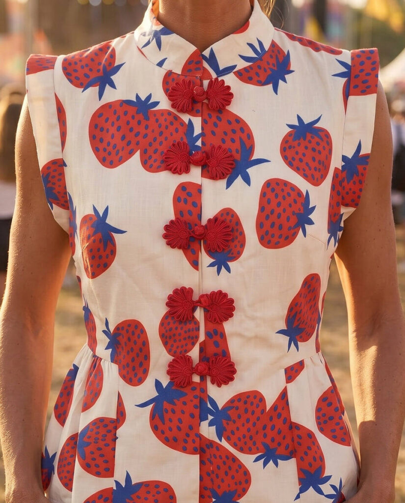 Chaleco lino Fresas Cuello Mao