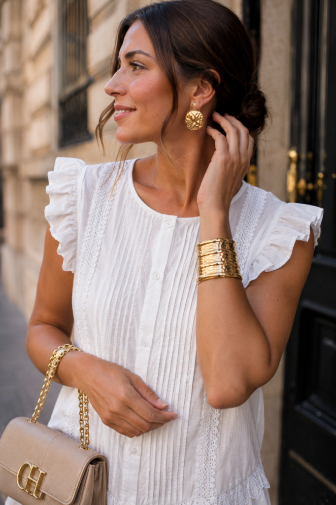 Blusa blanca volantes encaje bordado