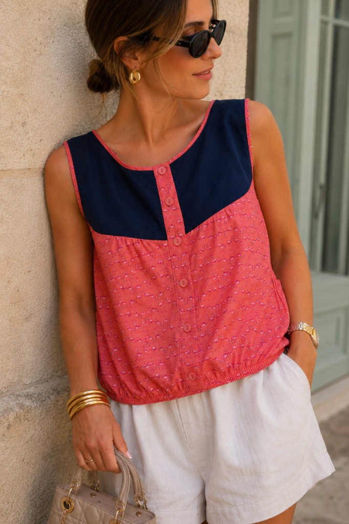 Blusa combinada azul marino  estampado flamencos