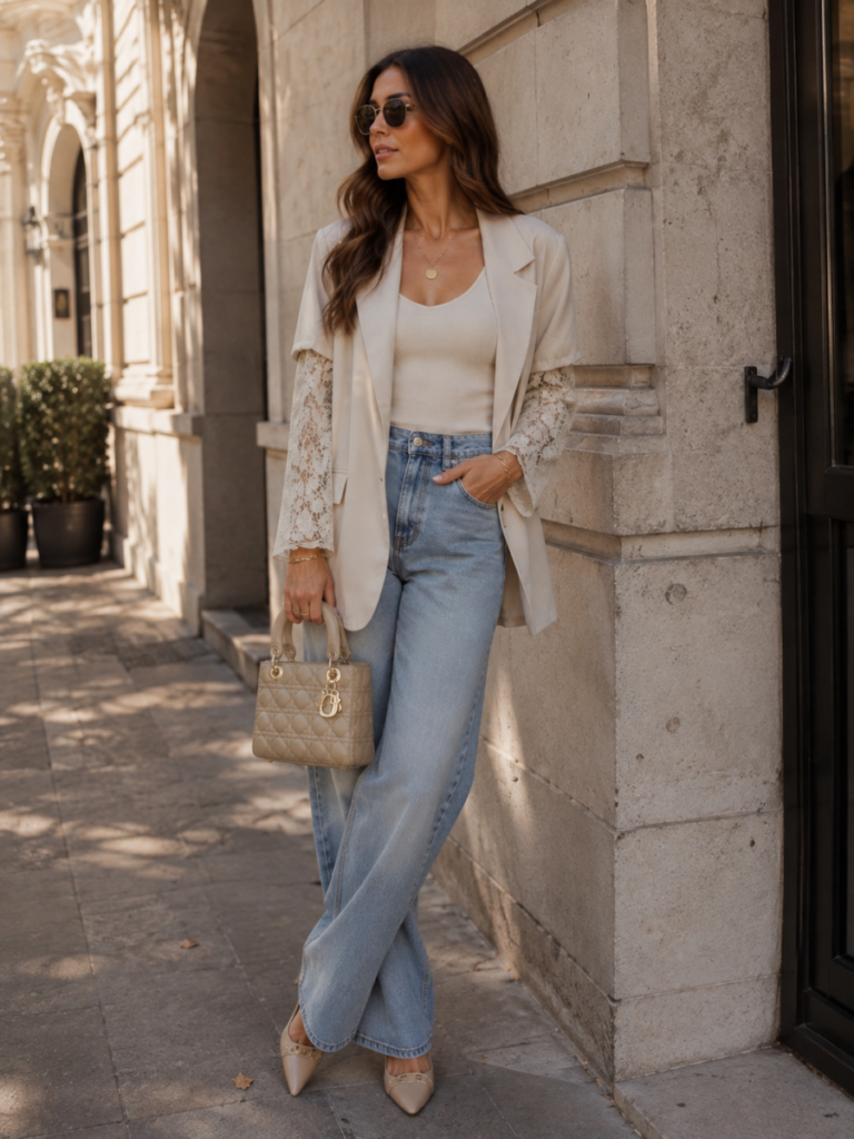 Blazer con Detalles de Encaje blanca