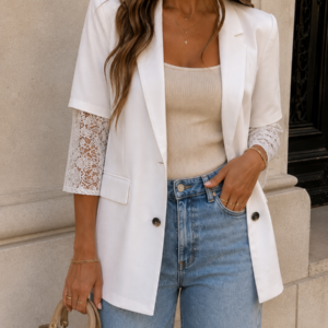 Blazer con Detalles de Encaje blanca