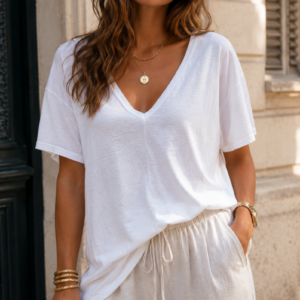Camiseta Blanca Oversize de Algodón con Escote en V
