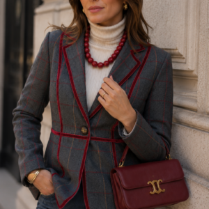 Blazer  de Cuadros Gris y Burdeos con Ribete