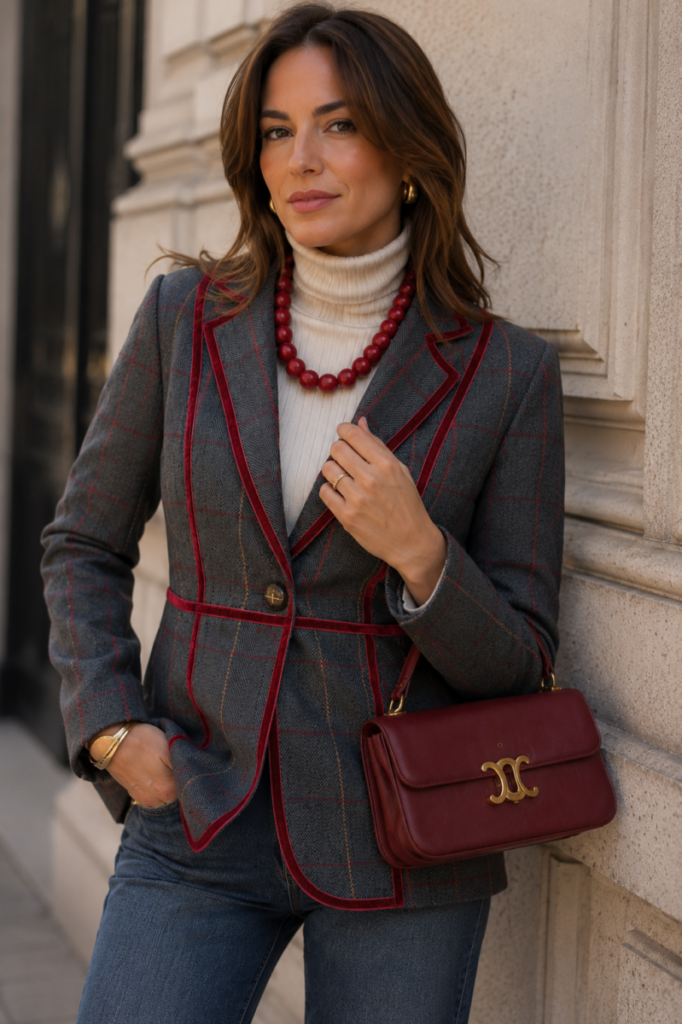 Blazer  de Cuadros Gris y Burdeos con Ribete