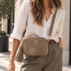 Bolso bandolera con pompón topo