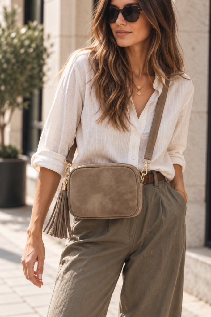 Bolso bandolera con pompón topo