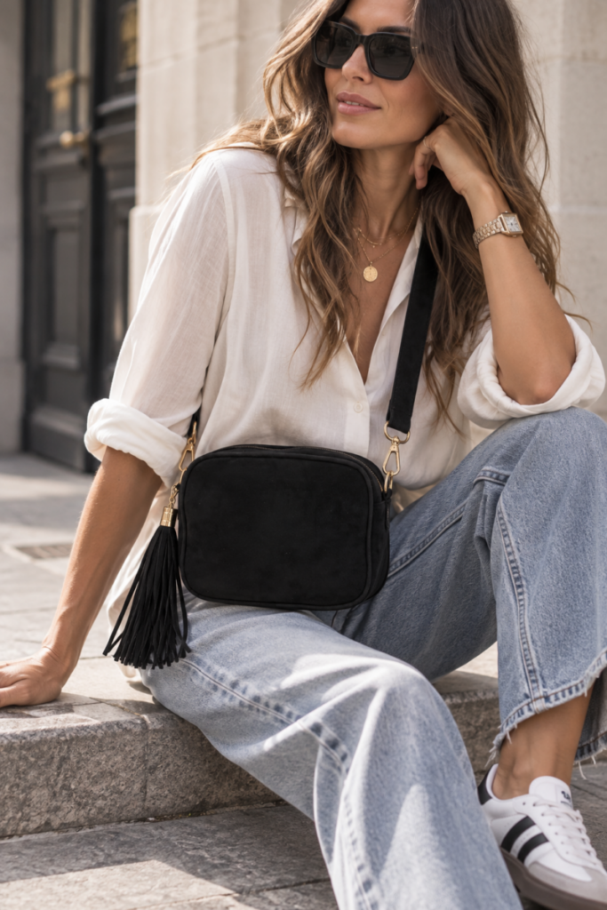 Bolso bandolera con pompón negro